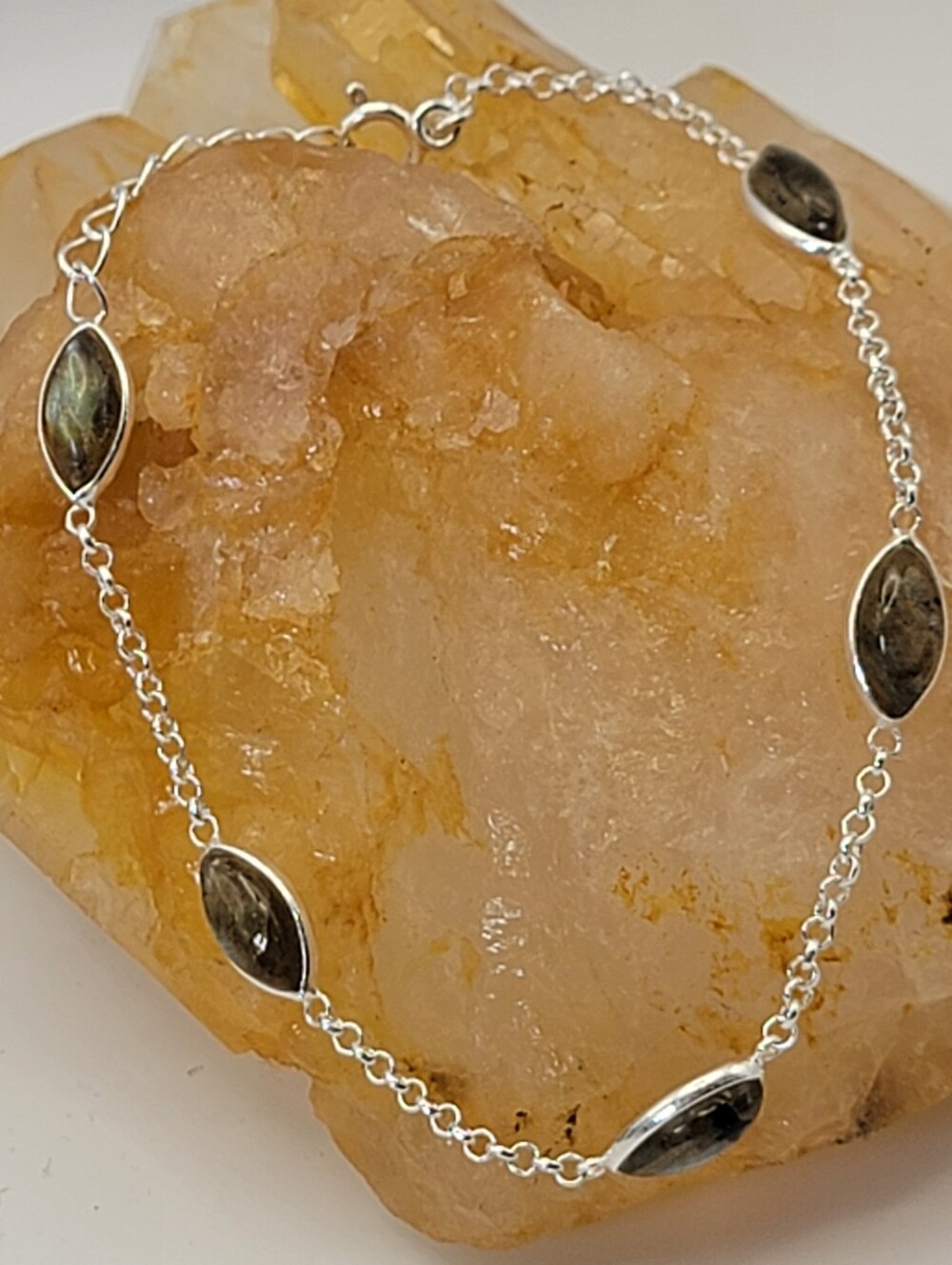 NEW Sterling Silver 925 Marquise Cut Open Back Labadorite Station Bracelet 7.5”